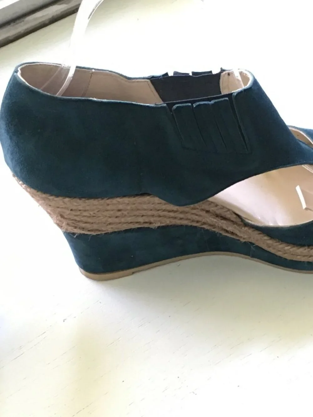Anthropologie x Maypol Cutout Leather Espadrille Wedge Sandals Teal Size 10